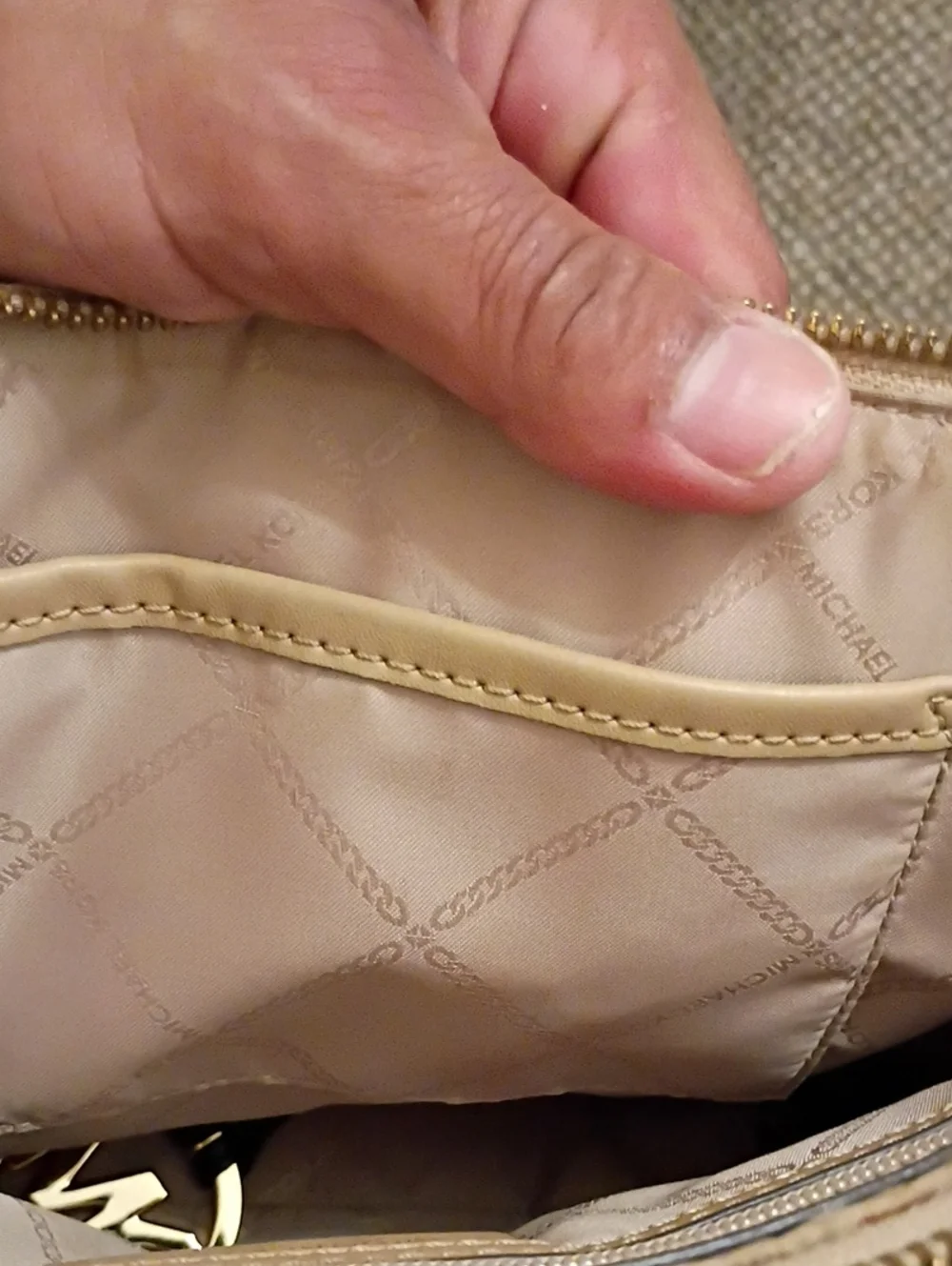 Michael Kors Beige Logo-Print Satchel with Tan Trim